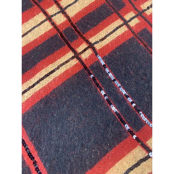 Chicos Poncho Sweater Cowl Neck Plaid Shine Camel Sequin Holiday Size S/M - Picture 5 of 9